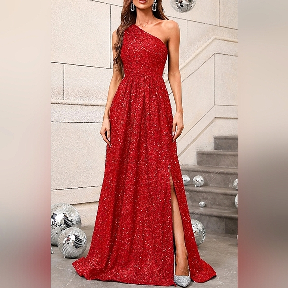 New Luxe Sequin Draped One Shoulder Split Leg Maxi Dress Gown Red - Picture 1 of 8